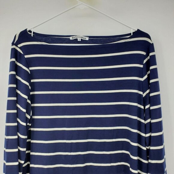 Reformation Junia Knit Dress Navy and White Striped Short Breton Boat Neck Small - Picture 6 of 9